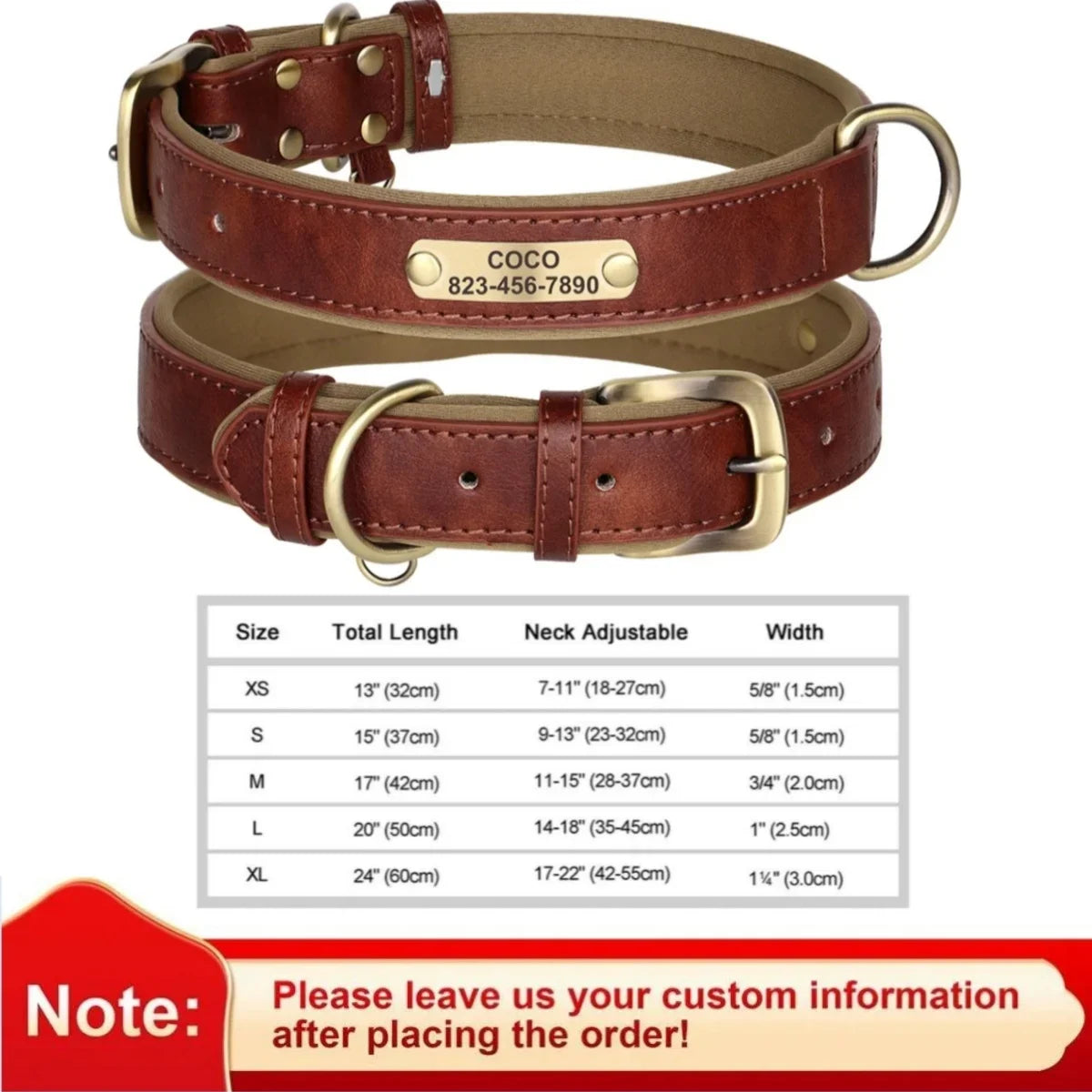 Personalized Leather Custom Dog Collar Soft Padded Dog Collars Durable Pet ID Tag Collar Adjustable for Small Medium Large Dogs